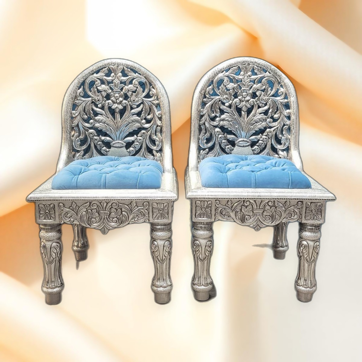 Carved Silver Chairs — Pair of jaali-carved deity chairs