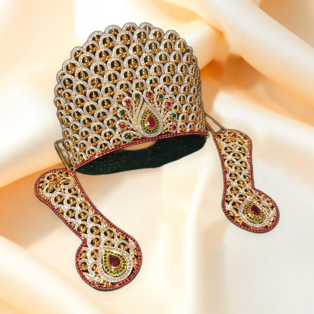 Jewelled Mukut with Kundal — Ruby & emerald stonework