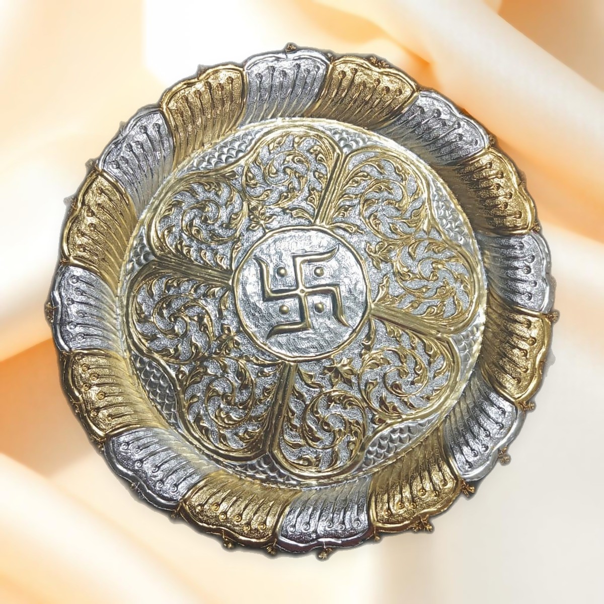 Swastik Thali — Two-tone repoussé plate