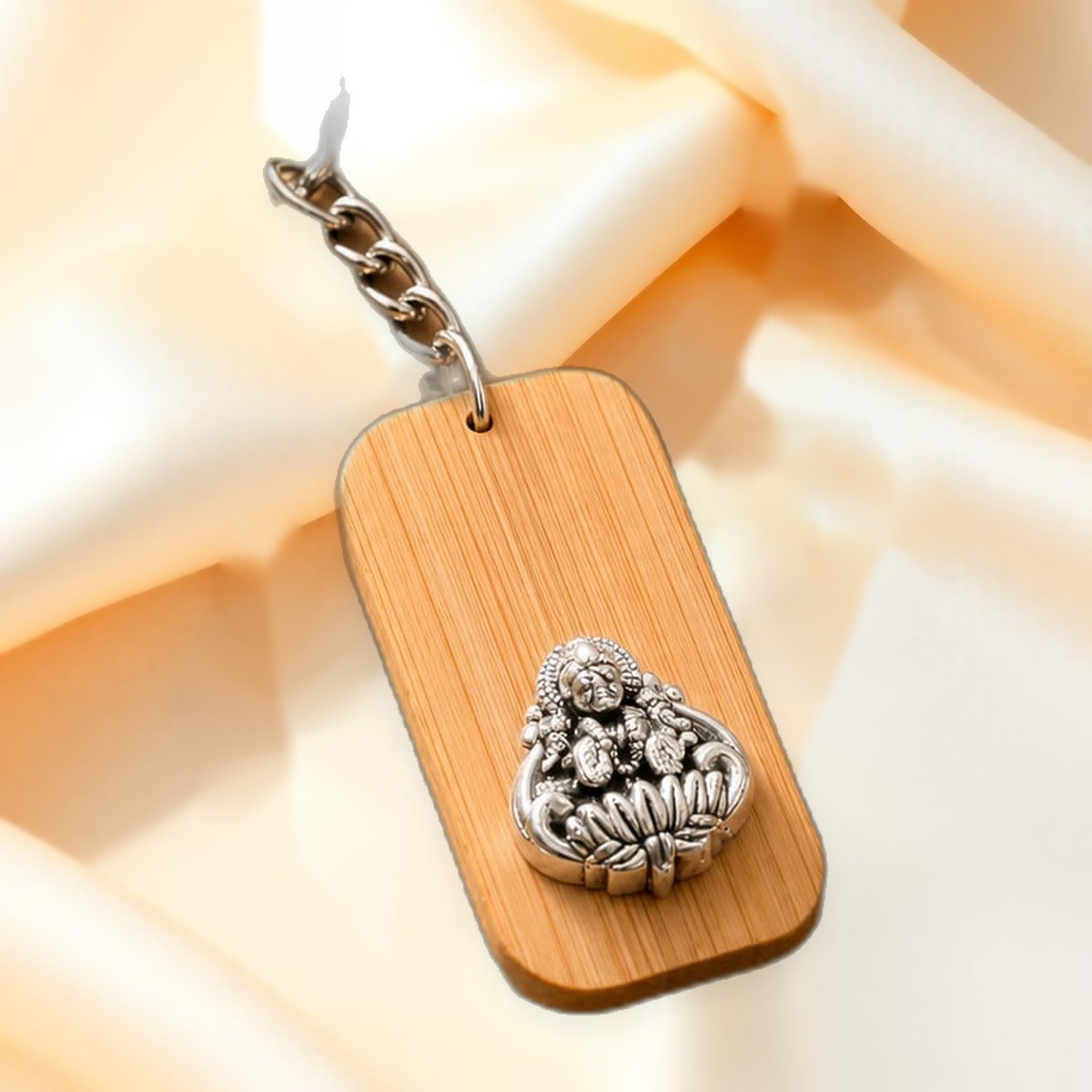 Deity Silver Keychain — Bamboo tag with silver deity motif
