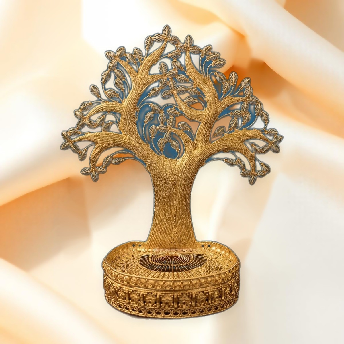 Gold Filigree Tree — Hand-woven wire tree on a chased base