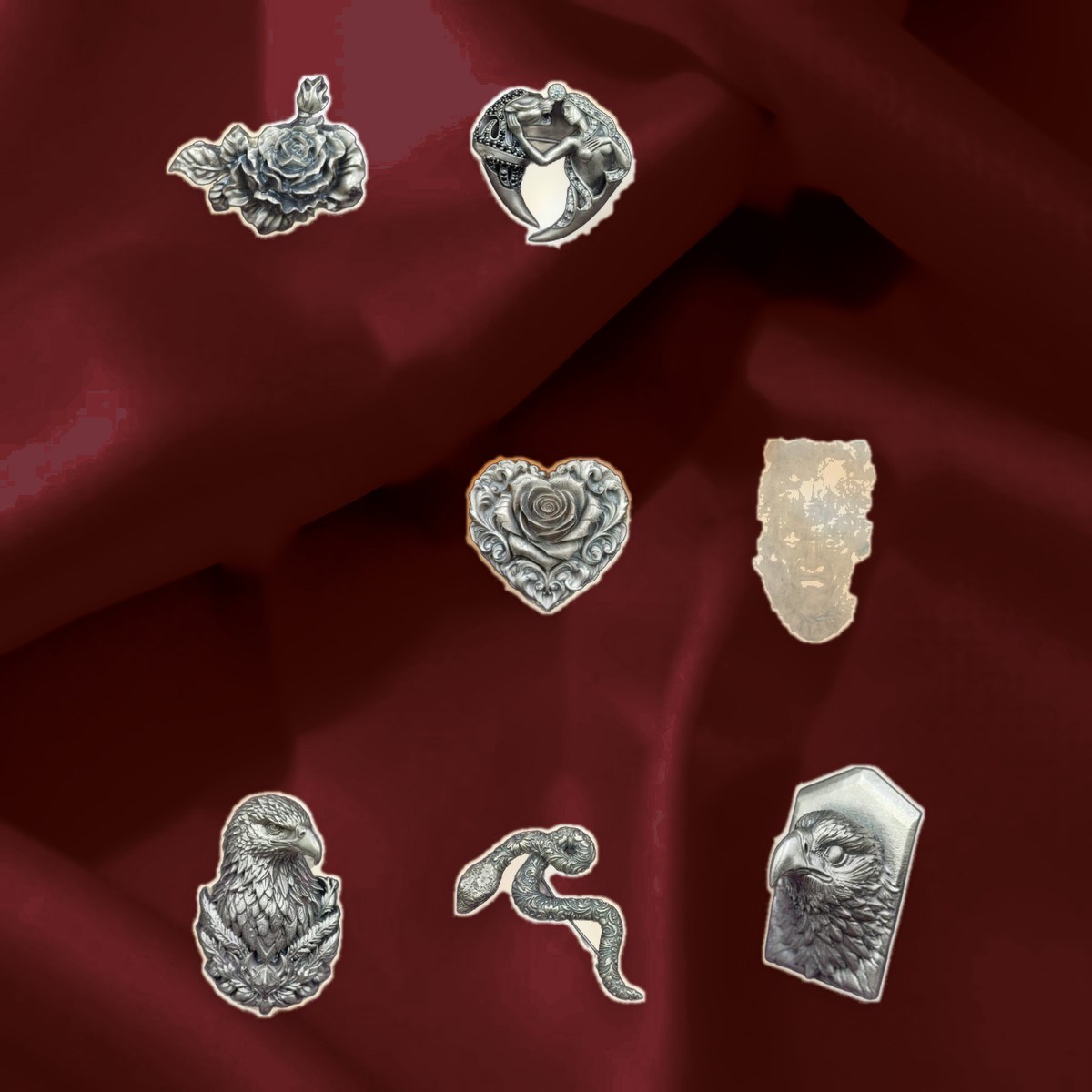Antique Silver Lapel Broach — Hand-cast motifs — lion, eagle, rose & more