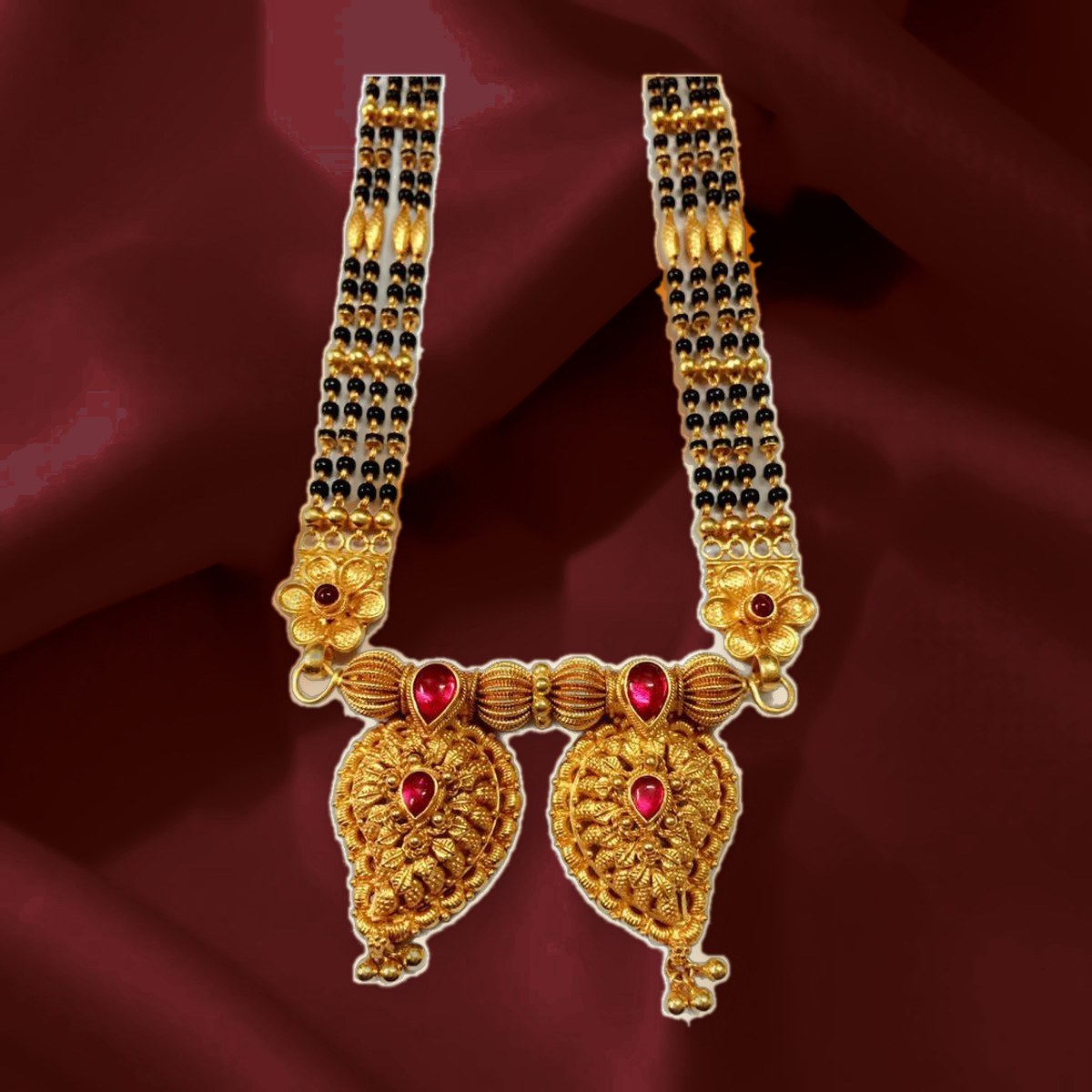 Black-Bead Mangalsutra — Layered black beads with twin paisley pendants